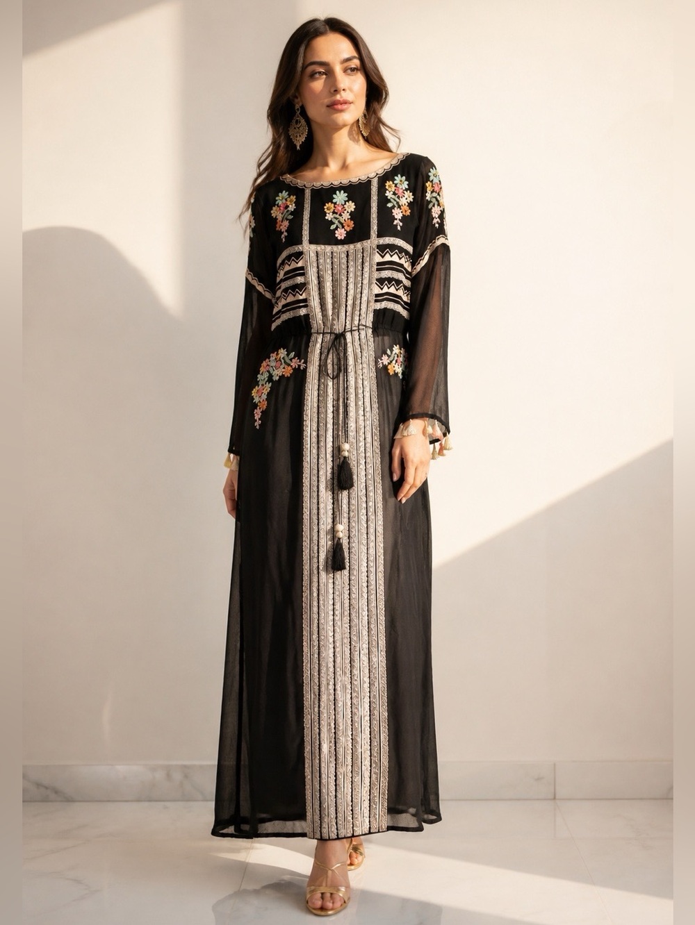 Seams and Pret Couture Black Embroidered Kaftan Maxi Dress with Tassel Details
